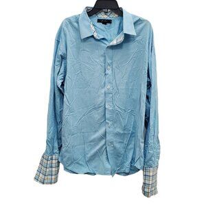 Sean John Men's Big & Tall Blue Herringbone‎ Plaid Flip Cuff Dress Shirt Sz XXXL